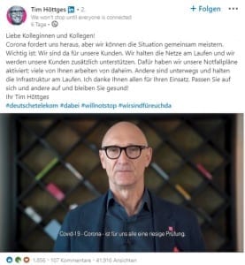 The video message in which the Telekom CEO Tim Höttges addresses his colleagues has gone quickly viral on LinkedIn. Source. Tim Höttges, LinkedIn // Die Videobotschaft, mit der Telekom-CEO Tim Höttges seine Kollegen adressiert, ist auf LinkedIn schnell viral gegangen. Quelle: Tim Höttges, LinkedIn.